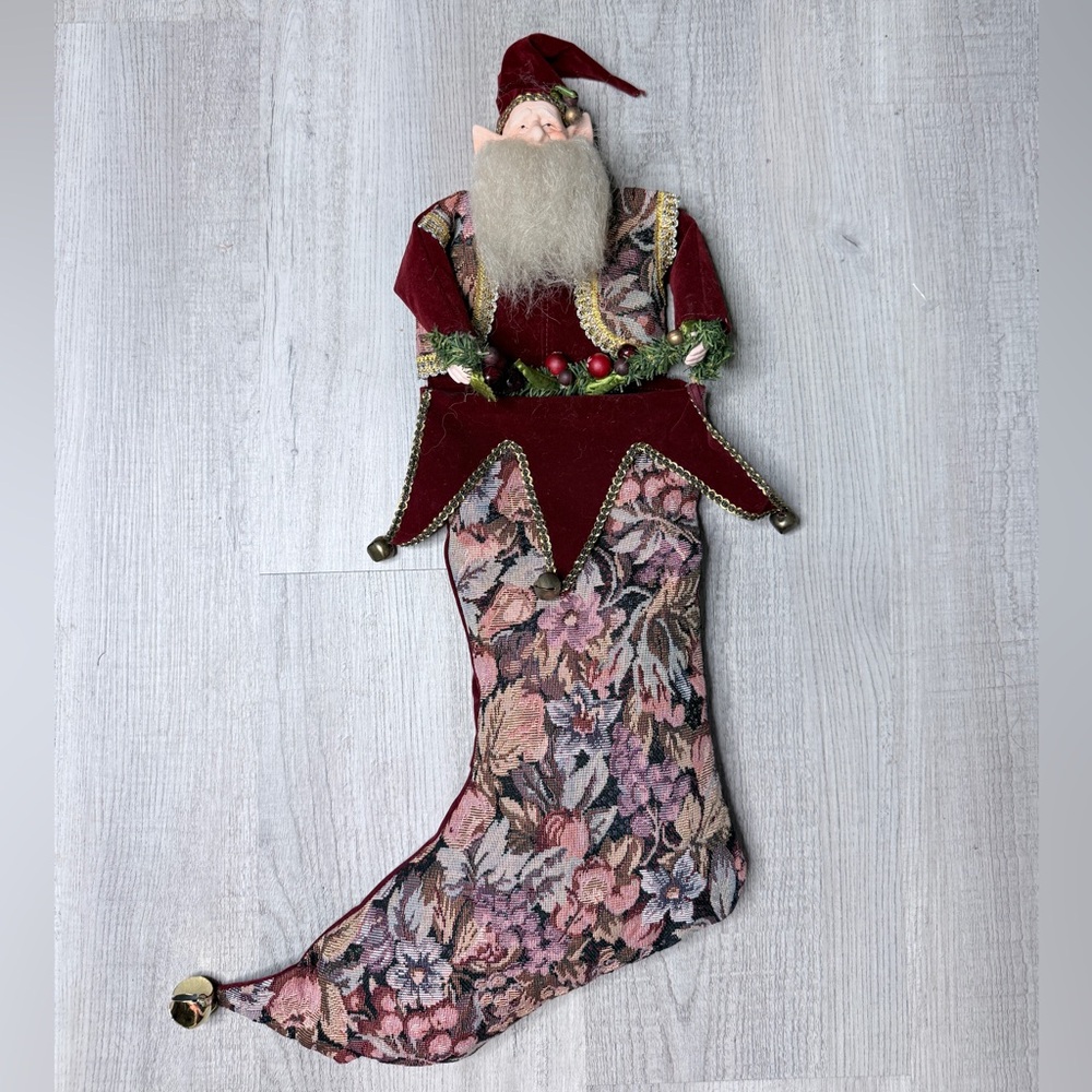 Mark Roberts Burgundy and Floral Tapestry Holiday Elf Stocking
